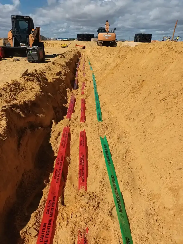 A fire fighting water main trench on a commercial site.