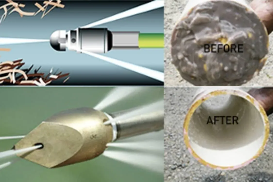 A high pressure jetter nozzle, and a drain pipe before and after jetting.
